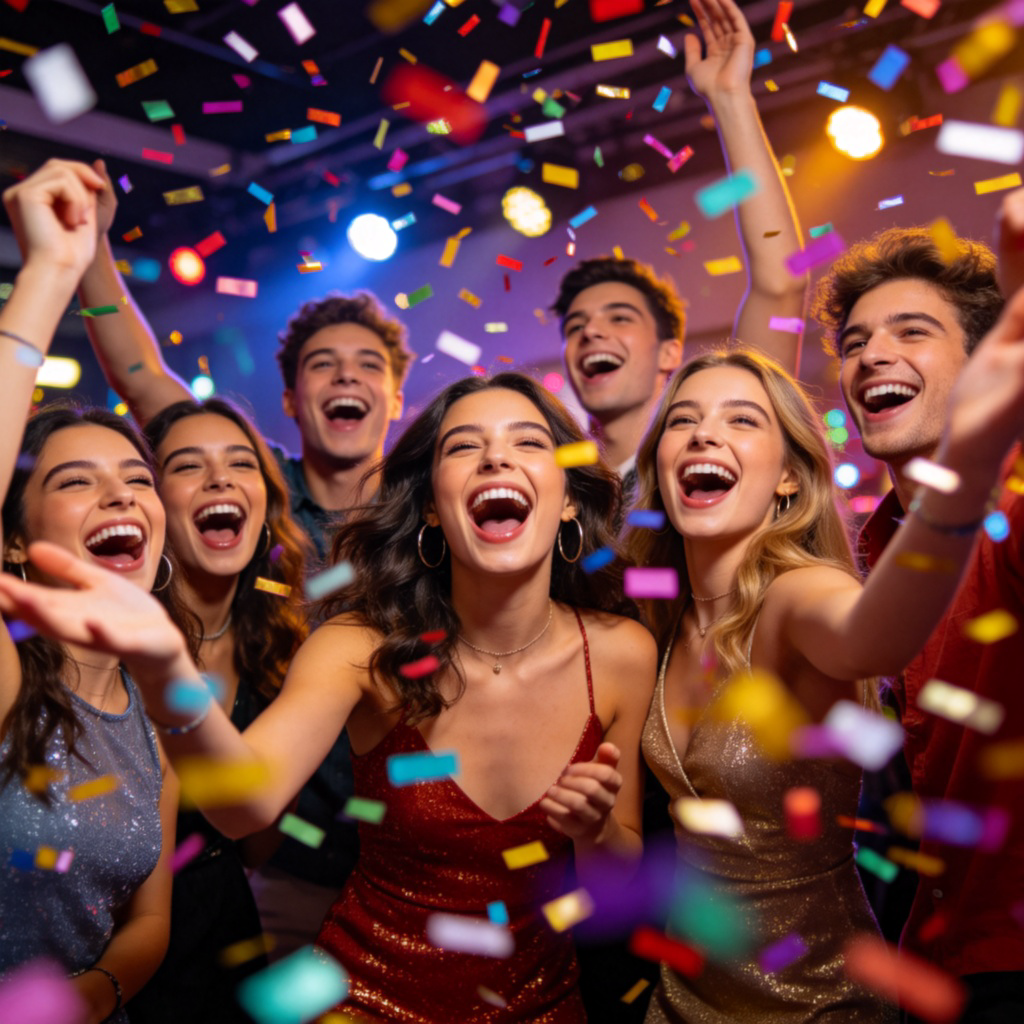 A group of joyful young people at an indoor party, laughing and throwing colorful confetti into the air. Their expressions are excited and energetic. The scene is bright, dynamic, with motion blur on the confetti to show uncontrolled celebration. Clean background with party lights, no text.