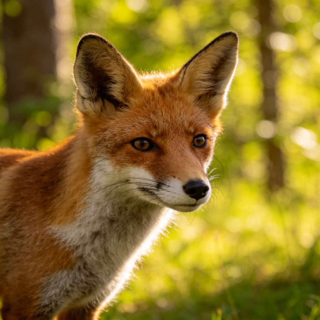 A close-up photo of a red fox standing alert in a sun-dappled green forest, its ears perked up and eyes focused. The fox is not in a cage or near any human structures, showing its natural free-living state. Soft natural lighting, detailed fur texture. No text.