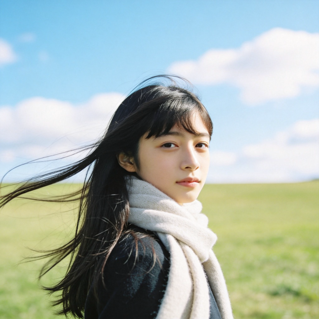 A young person with long hair standing in an open grassy field, facing slightly away from the camera. Their hair and a light scarf are being blown gently to one side by an invisible breeze. Clear blue sky with a few white clouds in the background. Bright, natural daylight. Focus is on the person and the movement of their hair.