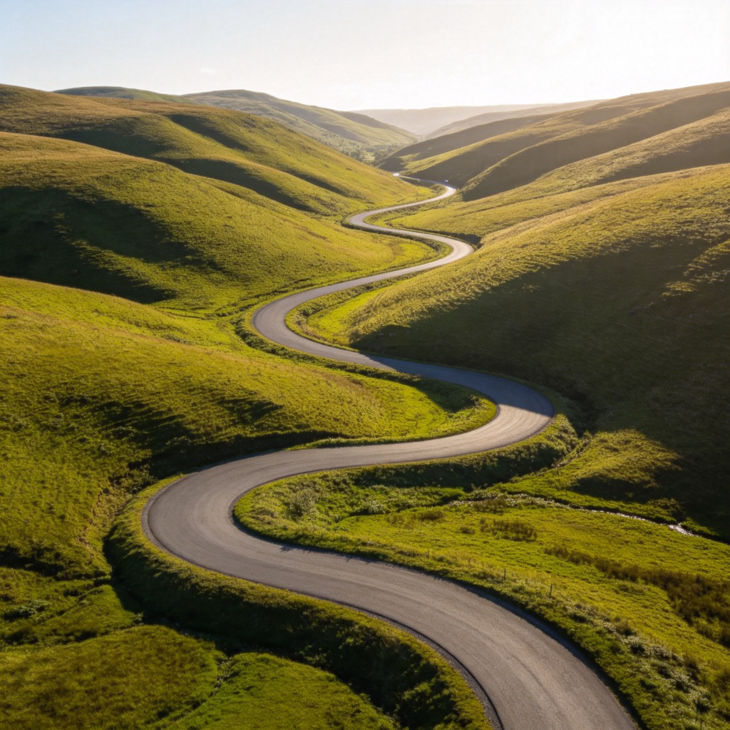 A bird's-eye view of a narrow, paved country road. The road is not straight; it curves in a smooth, snake-like pattern through rolling green hills. The perspective shows the road disappearing into the distance around a bend. Sunny day with soft shadows.