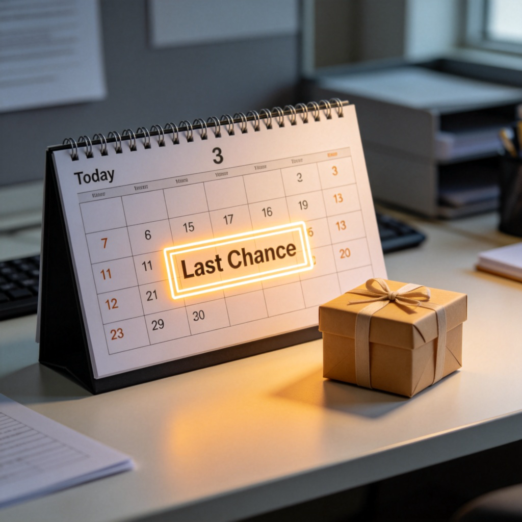 A close-up of a desk calendar showing today's date, with a brightly highlighted box around a date three days later labeled "Last Chance." Next to the calendar is a small, gift-wrapped box. The lighting is focused on the calendar, suggesting urgency. Clean, realistic office desk setting. No text beyond the calendar numbers.