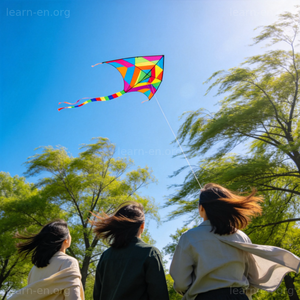 windy 含义图解：风筝在风中翱翔，树木摇曳的多风场景