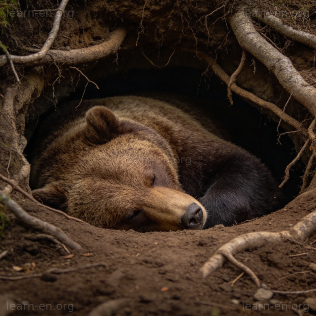 winter 过冬动词图解：熊在洞穴中冬眠