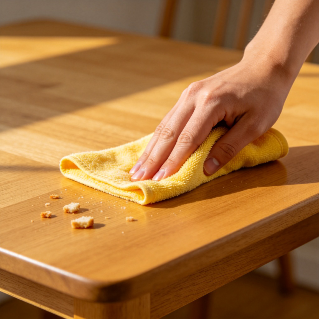 Wipe 含义图解：用抹布擦拭木质餐桌的清洁场景