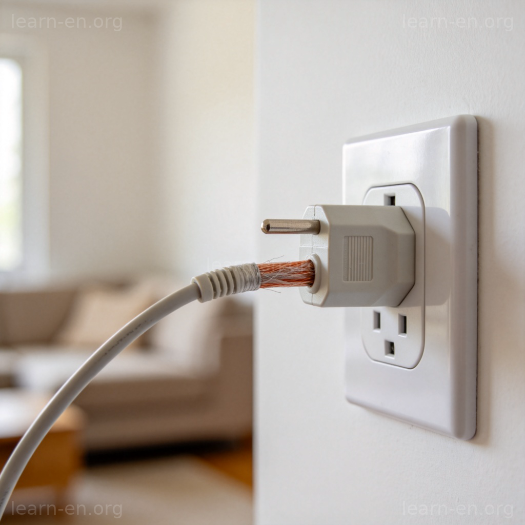 wire 电线含义图解：插头与墙插连接的电源线特写