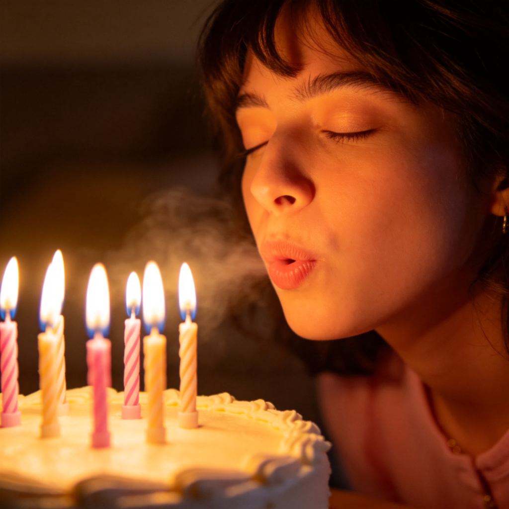 A close-up of a person's face with eyes gently closed, leaning over a birthday cake with lit candles. The person is in the act of blowing, with a soft, hopeful expression. Warm, soft lighting. No text or numbers.