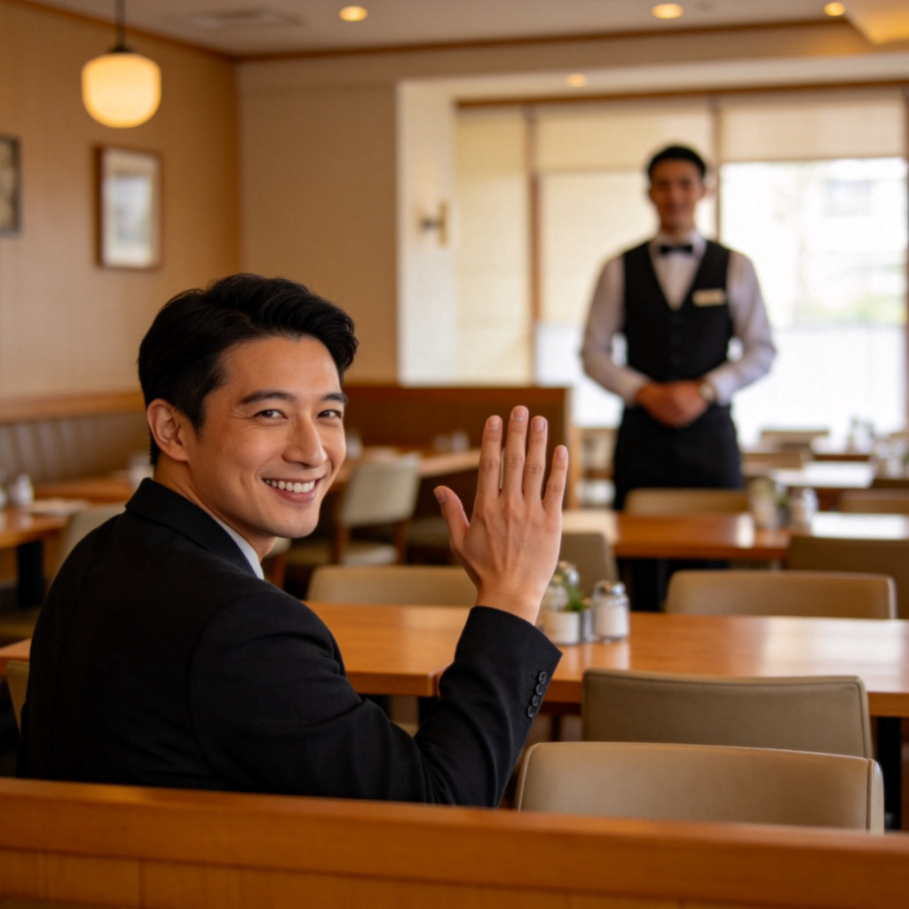 A customer in a restaurant, politely raising a hand to catch the attention of a waiter standing at a distance. The customer is smiling. The scene is set in a calm, well-lit dining area. Focus on the customer's polite gesture. No text or logos.