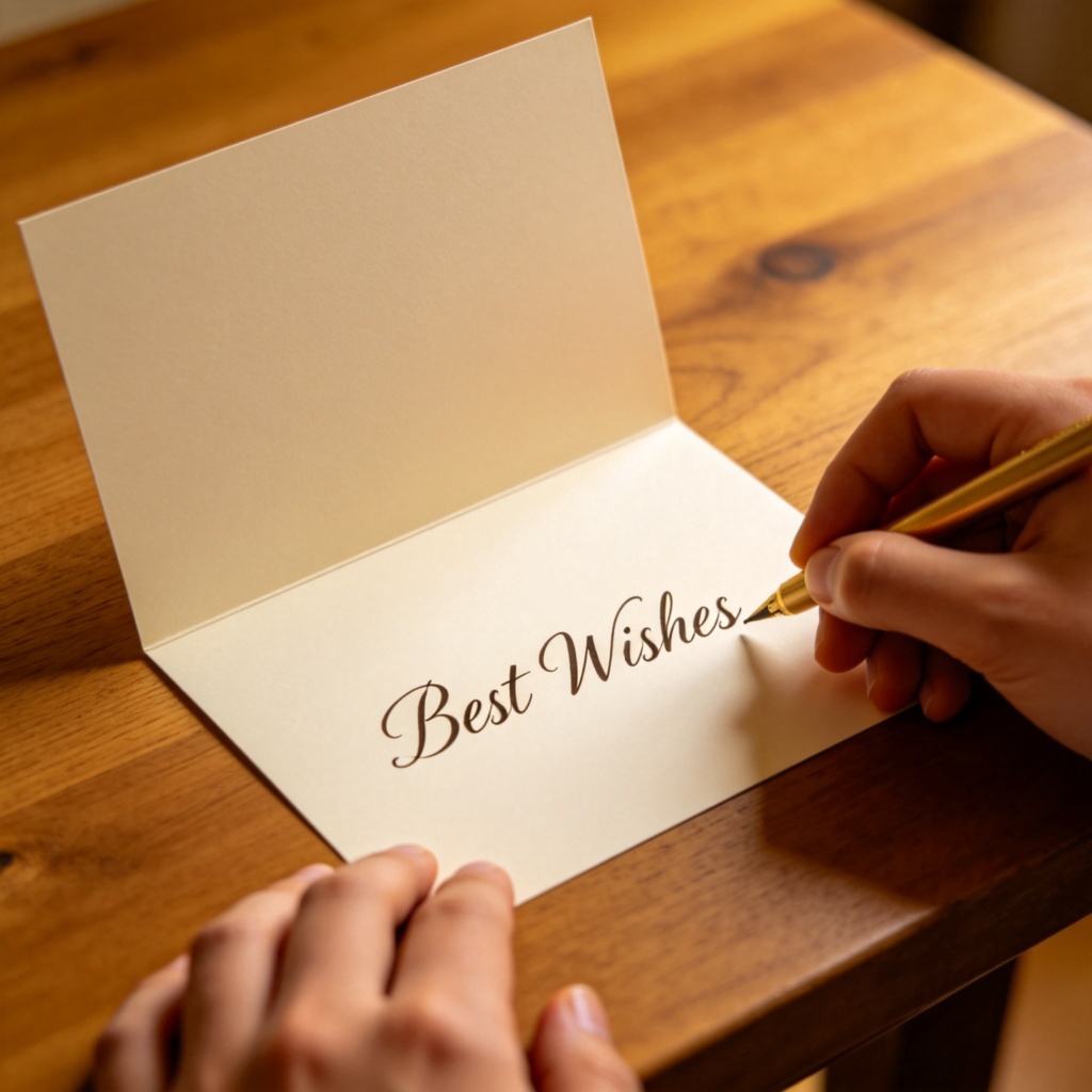 A person's hands writing the words "Best Wishes" in elegant cursive on the inside of a blank greeting card. The card is open on a wooden table. Soft light, focus on the writing hand and the heartfelt message. No other text.