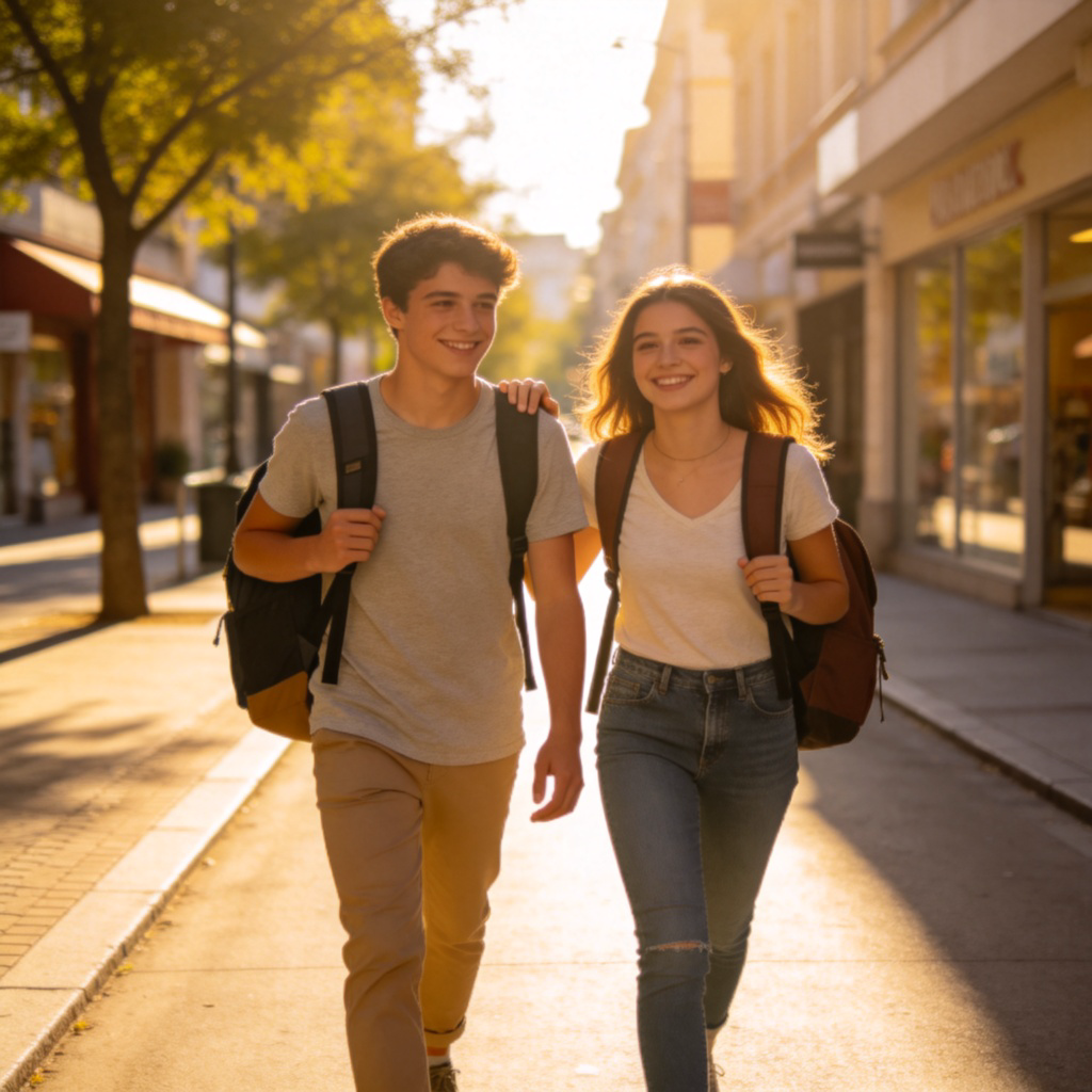 Two young people, a man and a woman, smiling and walking side by side down a sunny street. They are carrying school bags, showing they are together. Focus on their friendly body language. Clear, bright day. No text.