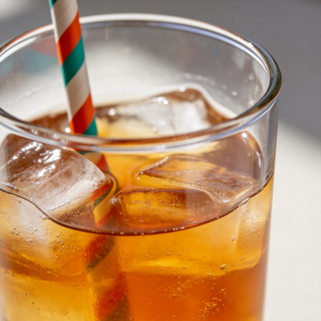 A close-up view of a clear glass of cold iced tea on a table. A colorful striped straw is clearly visible inside the glass. The focus is on the glass and the straw together. Simple background. No text.