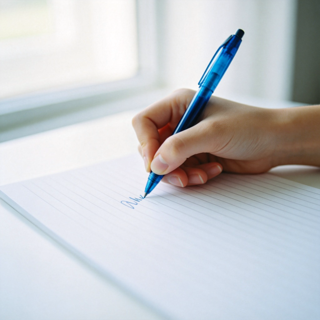 A person's hand in focus, holding a blue pen and writing clearly on a white sheet of lined paper. The rest of the person and the room are softly blurred in the background. Natural light from a window. No text.