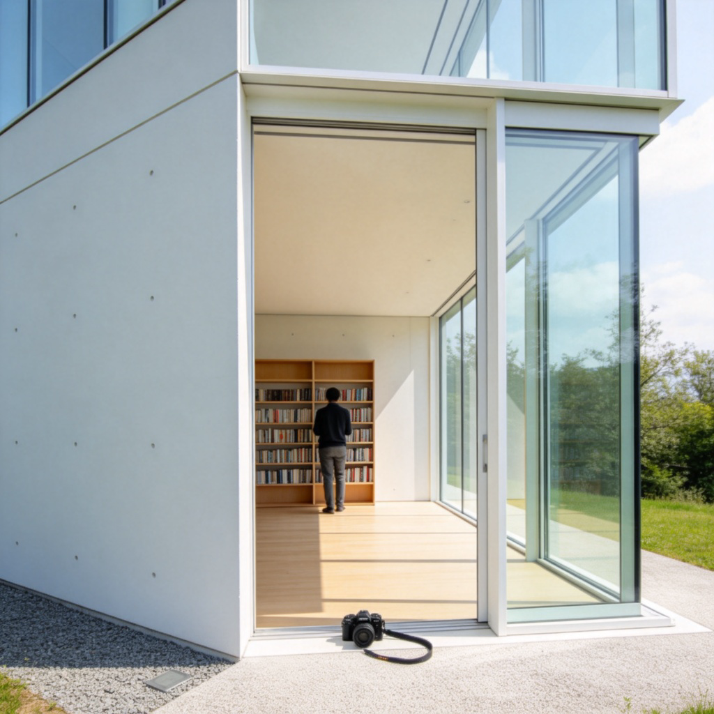 A person standing inside a modern building with large glass windows, looking at a bookshelf. The camera is placed outside the room, looking through the doorway or window, emphasizing that the person is inside that enclosed space. Bright, natural daylight fills the room. Simple, clean lines. No text or logos.