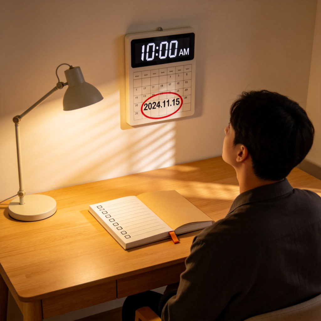 A person sitting at a desk, looking at a digital clock or a calendar on the wall. The clock shows a time (e.g., 10:00 AM) or the calendar has a red circle around a future date (e.g., a date 3 days later). A checklist or a book is on the desk, suggesting a task to be completed before that time limit. Clean desk setup, warm lighting. No text.