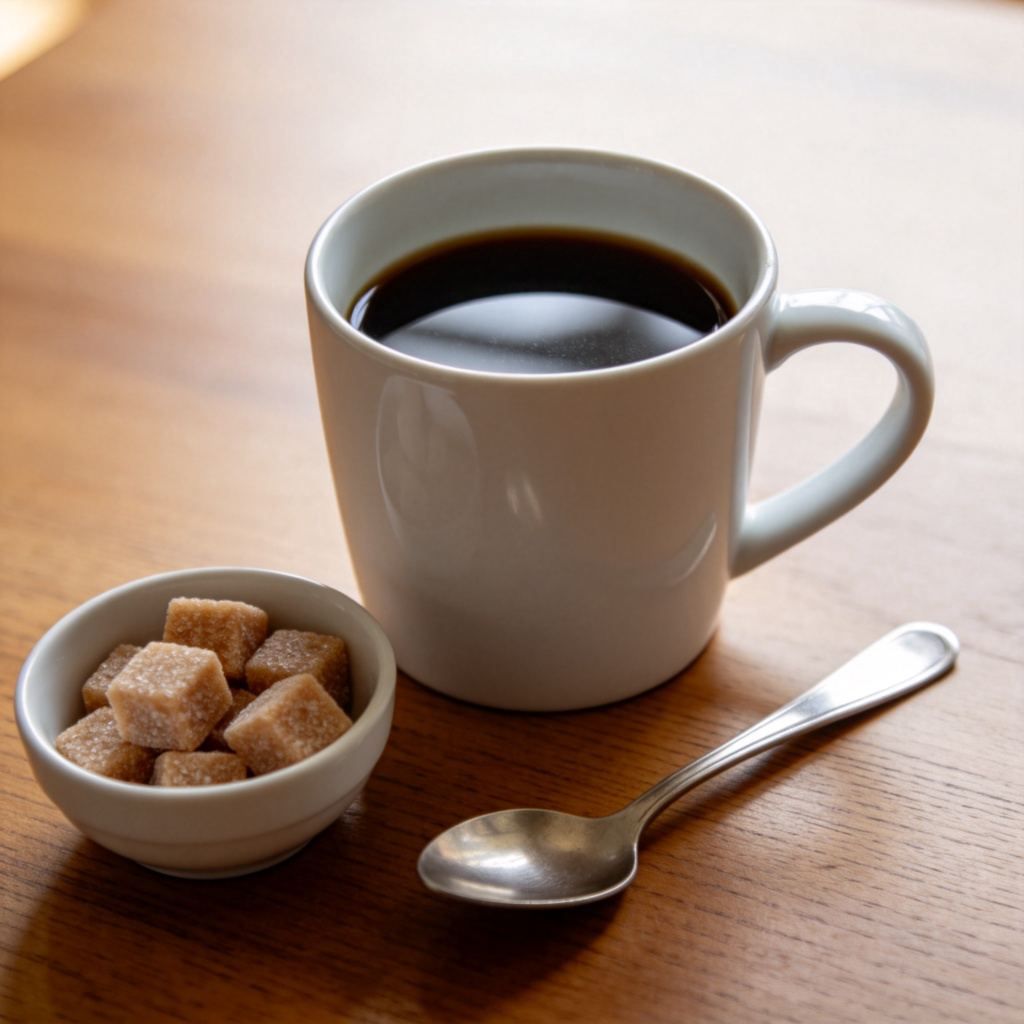 A close-up photo of a plain white ceramic mug filled with black coffee. Next to it on a wooden table, a small bowl of sugar cubes and a silver spoon are placed, untouched. Soft morning light, clear focus on the mug and sugar bowl. No text, no people.