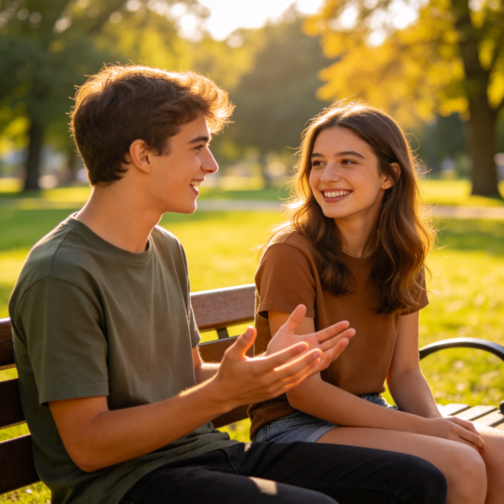A side view of two young people sitting on a park bench, smiling and talking naturally. One person is speaking animatedly, hands gesturing, while the other listens with a bright, immediate smile. The scene shows ease and a lack of pause or doubt. Sunny day, green background. No text.