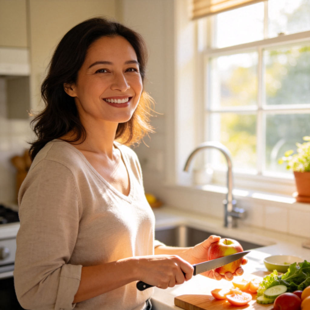 A realistic and clear photograph of a smiling adult woman in her 30s, wearing casual clothes, standing in a bright kitchen while preparing a healthy meal. She is holding a fresh apple and a knife, with a clean counter and sunlit window in the background. The focus is on her face and hands, showcasing a warm and positive expression. Natural lighting, no text or logos.
