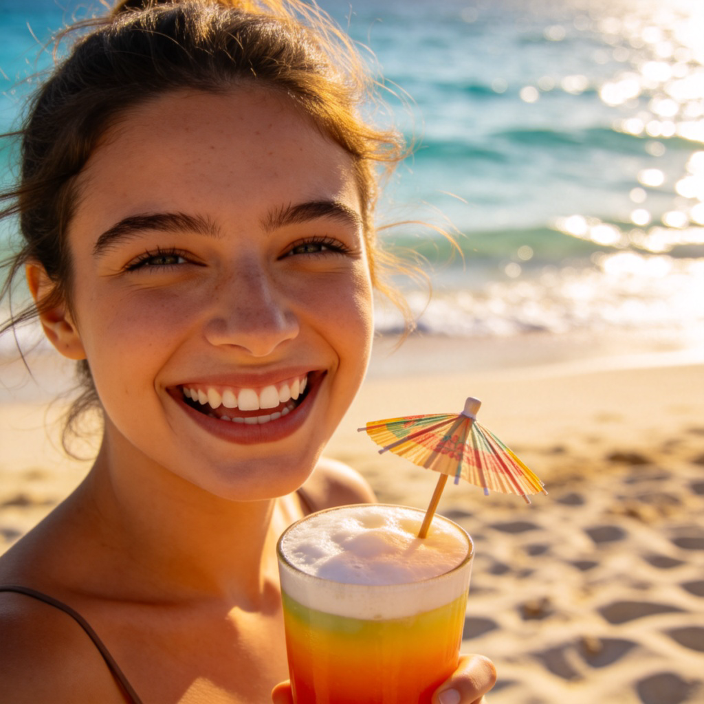 A person smiling broadly with pure joy, standing on a sunny beach with clear blue water in the background. They are holding a colorful drink with a tiny umbrella. The focus is on their happy expression and the relaxed, enjoyable setting. Photorealistic style, bright natural lighting. No text.