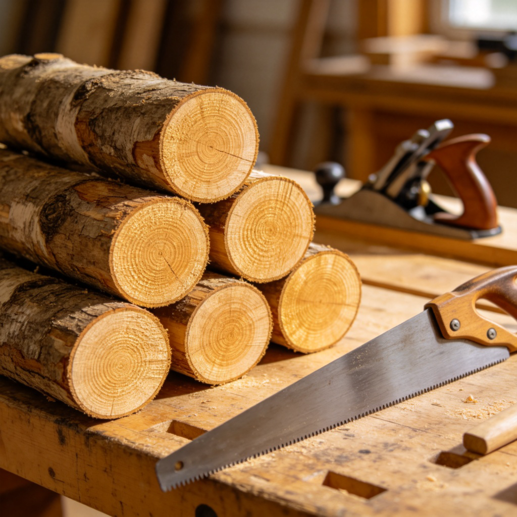 A close-up of a stack of rough-cut wooden logs next to a carpenter's workbench with tools like a saw and a plane. The texture of the wood grain is very clear and detailed. Natural daylight, sharp focus. No text.