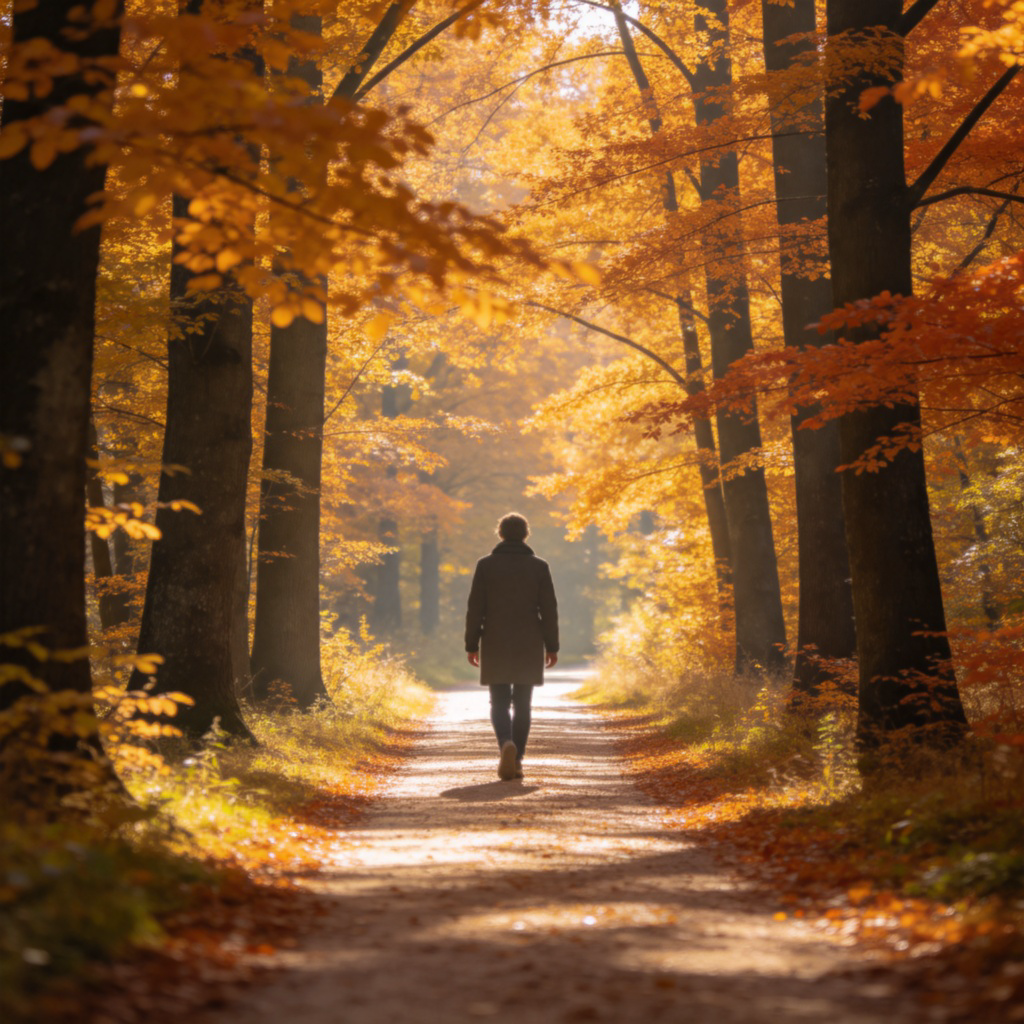 A person walking on a sun-dappled path through a bright, leafy wood in autumn. Tall trees line the path, with golden and orange leaves. The perspective is from behind the walker, showing a peaceful, inviting scene. Natural lighting. No text.