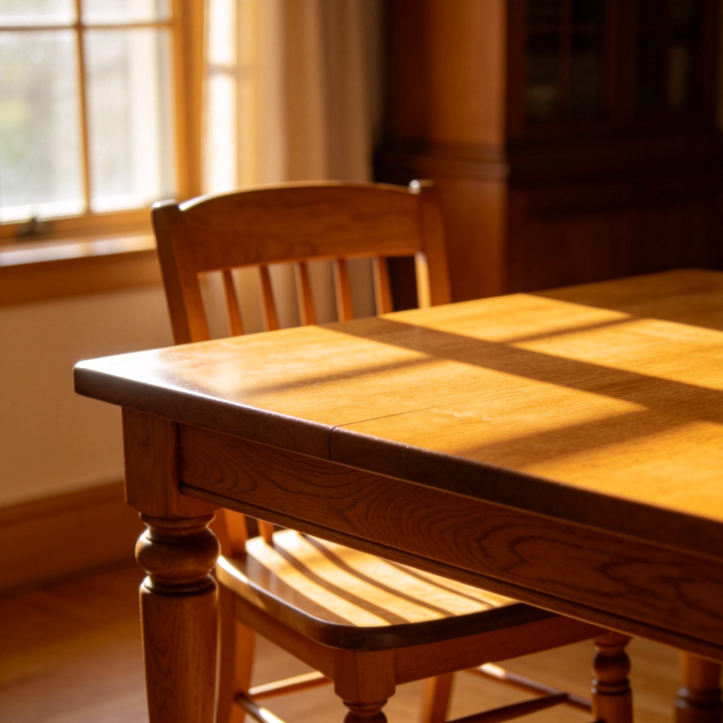 A close-up photo of a beautifully crafted wooden table and a matching chair in a sunny room. The wood grain is clearly visible and smooth to the touch. Natural light from a window highlights the warm, brown color. No people, no text.