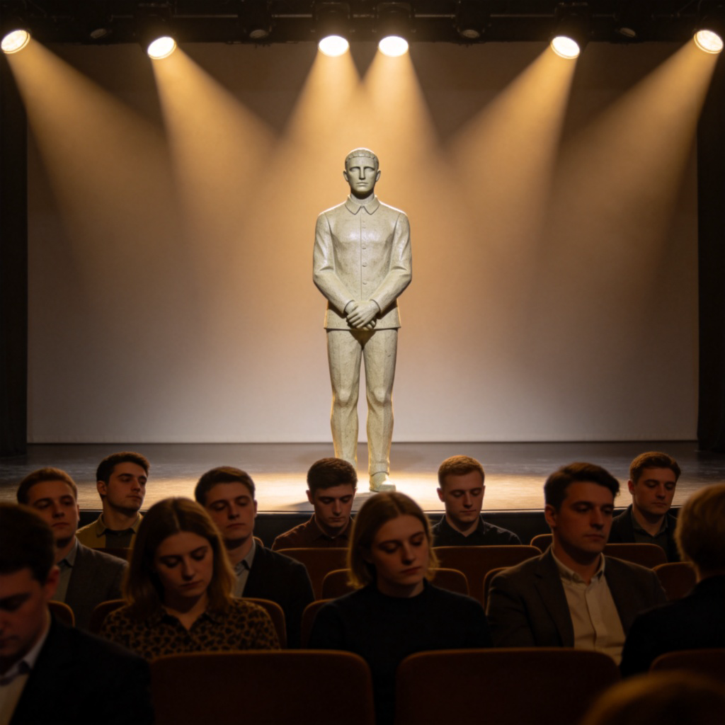 A person standing on a stage giving a speech, but their body is very stiff and upright like a statue. Their arms are held tightly at their sides, and their facial expression is blank and fixed. The audience in front looks slightly bored. Stage lighting, no text.