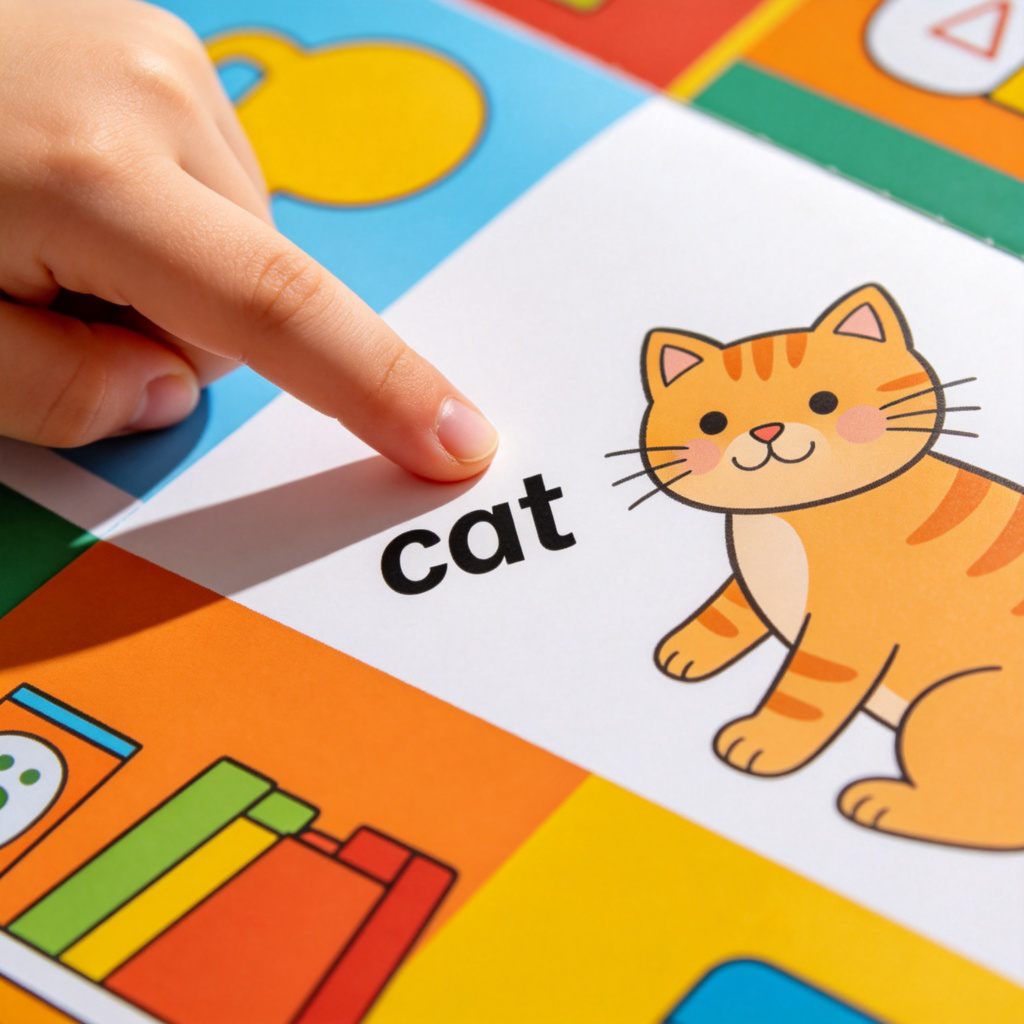 A close-up of a child's finger pointing at the word 'cat' printed in black on a colorful page of a children's English picture book. Next to the word is a simple, friendly illustration of a cartoon cat. The background is clean and bright. No text other than the word 'cat'.