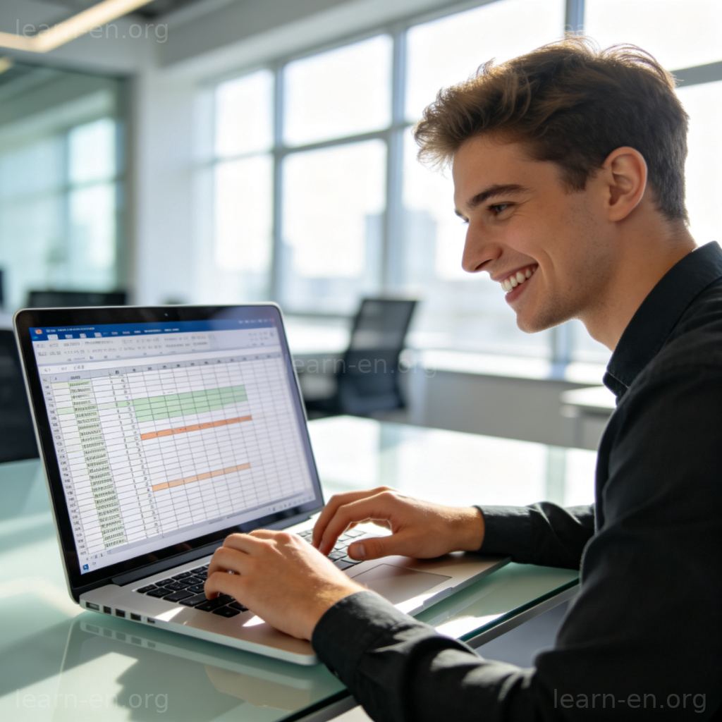 Work as a verb illustrated by a professional typing on a laptop in a modern office.