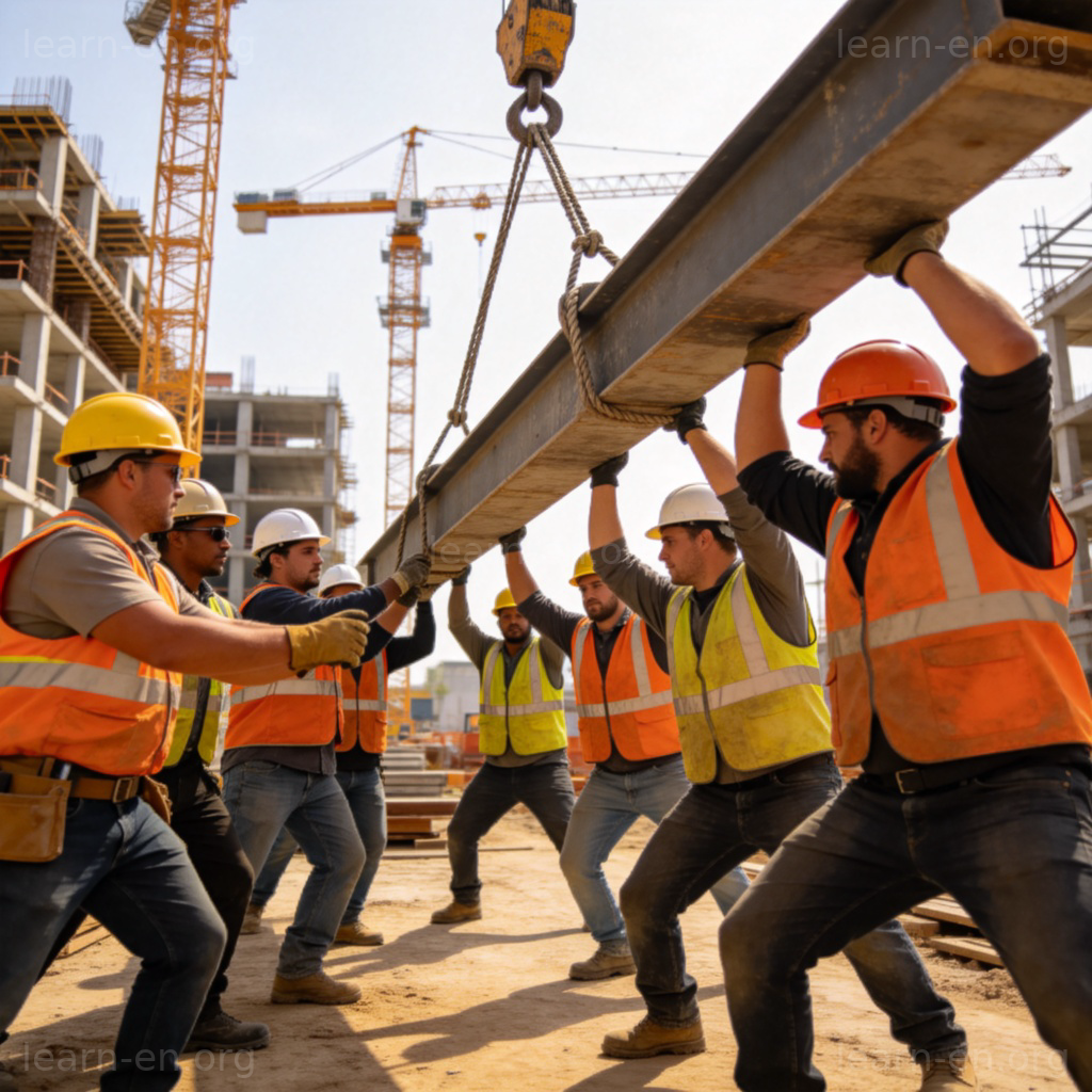 Work as a noun shown by construction workers collaborating on a building site.