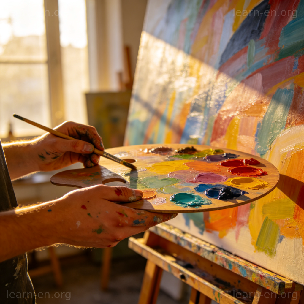 Work meaning a creative piece, showing an artist's hands finishing a painting.