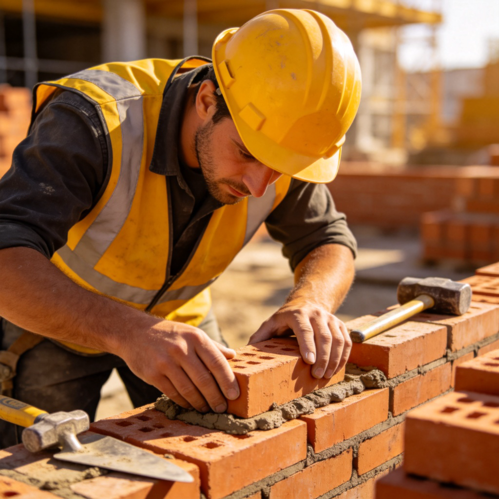 A construction worker wearing a yellow safety helmet and a reflective vest, laying bricks on a sunny building site. The worker is focused on their task, with tools nearby. The scene is realistic, with clear focus on the worker. No text in the image.