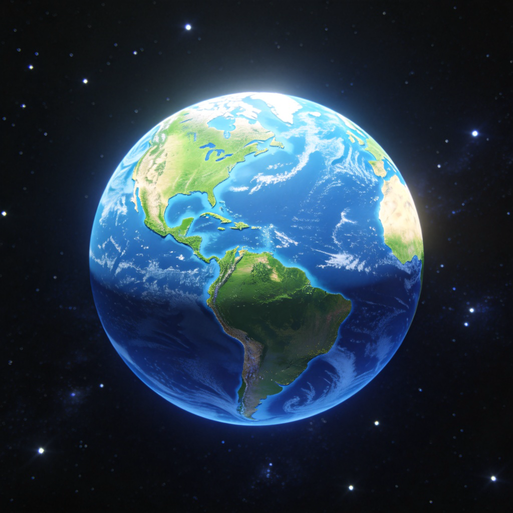 A brightly lit globe, showing the blue oceans and green continents, floating in the dark background of space with stars twinkling. The Earth is clearly visible and occupies the center of the image, presented in a realistic 3D render style. No text, logos, or human figures.