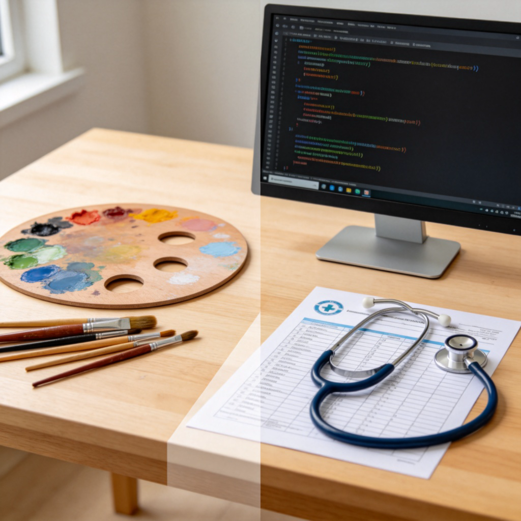 A collage-style, realistic illustration showing distinct sections representing different professional worlds. One section shows a painter's palette and brushes, another shows a computer with code, and a third shows a stethoscope and medical chart. All items are neatly arranged on a light wooden table, with clear boundaries between each 'world'. Clean, well-lit photography.