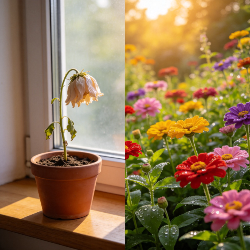 A split-screen image. On the left, a single, wilted flower in a simple pot on a windowsill. On the right, a vibrant, overflowing garden with countless flowers of various colors under bright sunshine. The contrast between the two sides is sharp and dramatic, highlighting the concept of 'a world of difference'. Photorealistic style with clear lighting.