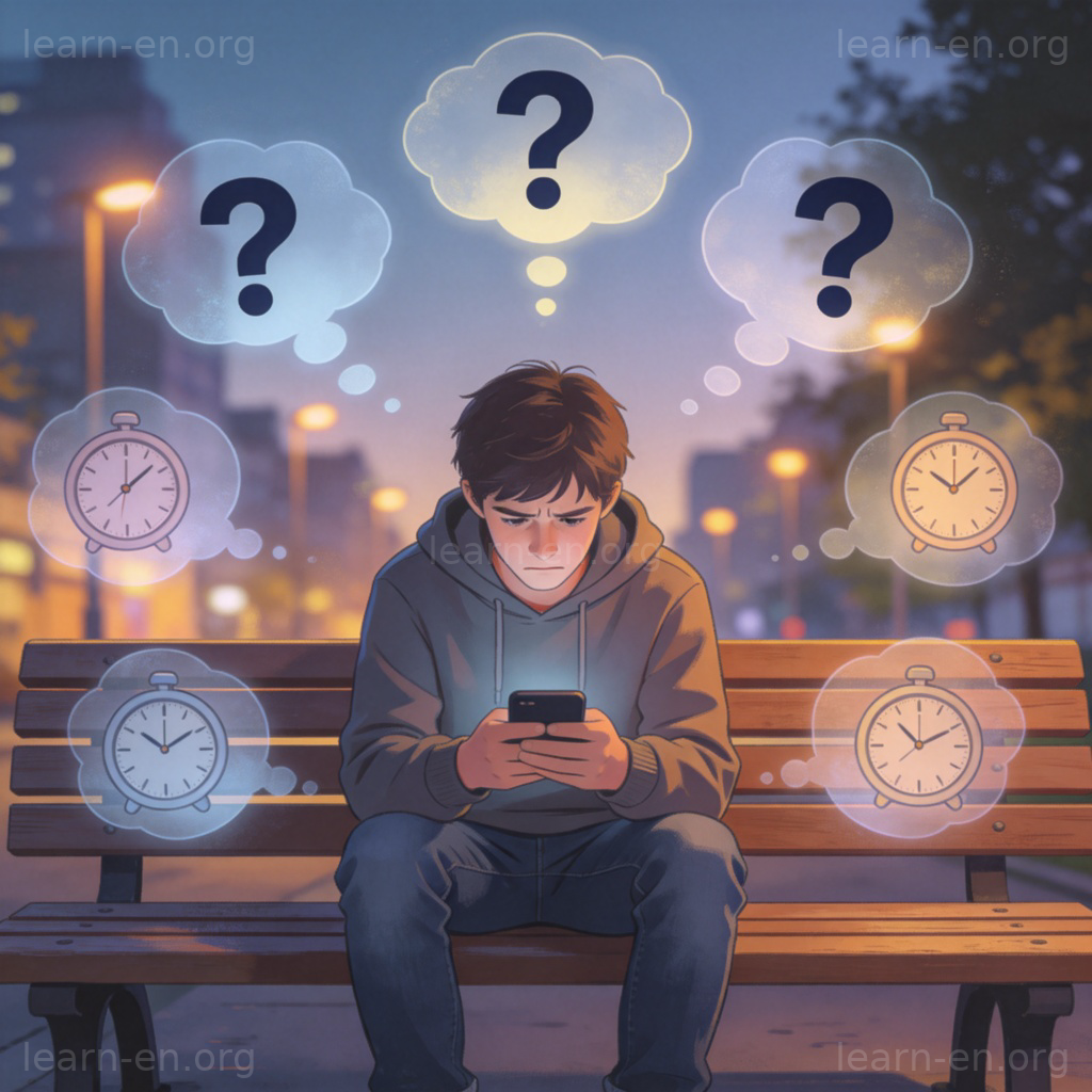 worried 含义图解：年轻人皱眉看手机，周围漂浮着问号和时钟