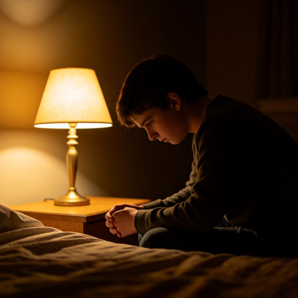 A young person sitting on the edge of their bed at night, looking down at their hands with a slightly tense expression. They are lit by a soft bedside lamp, surrounded by a quiet, dark room. The focus is on their worried face and posture.
