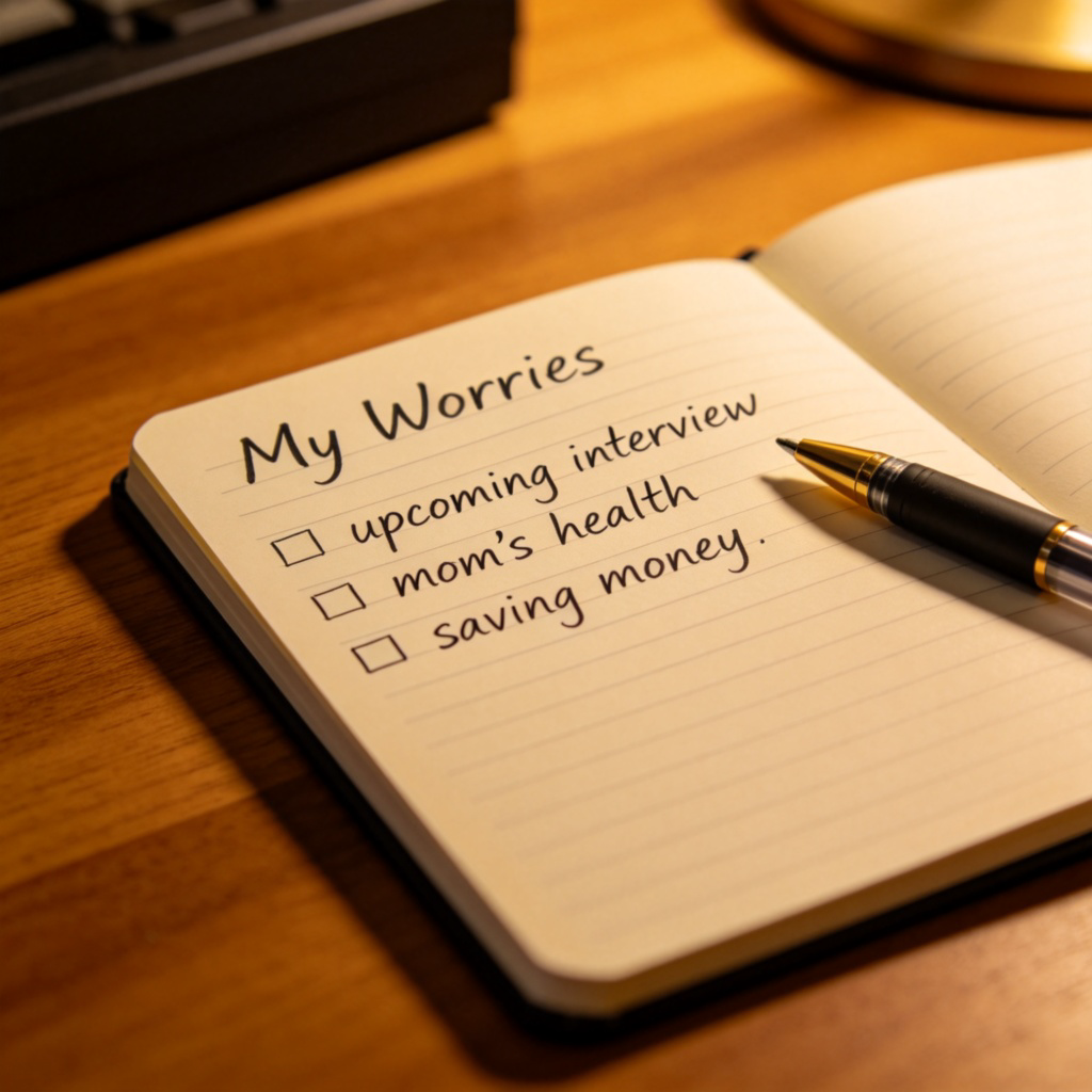 A close-up of a notepad on a wooden desk. The page is titled 'My Worries' and lists a few items like 'upcoming interview', 'mom's health', and 'saving money'. A pen lies beside it. The lighting is warm and focused on the paper.