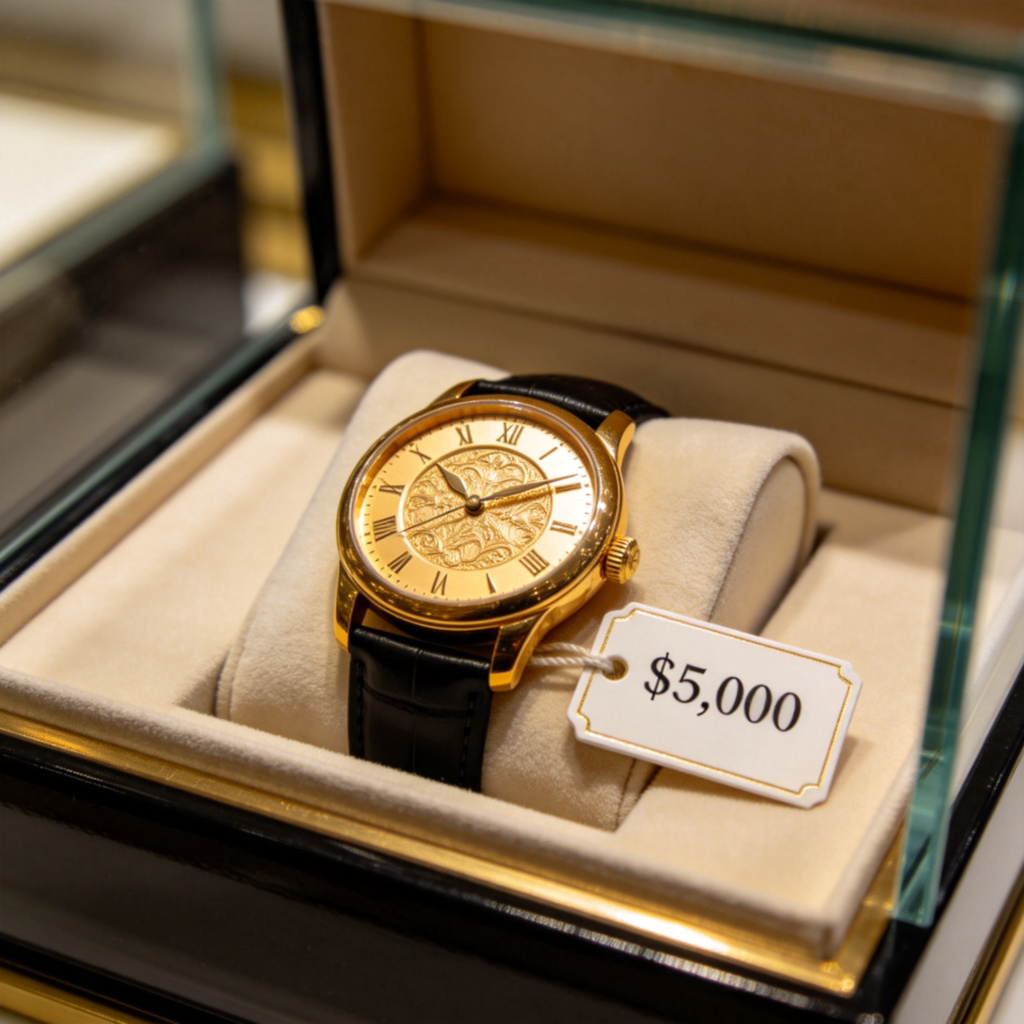 A clean, well-lit display case in a modern shop. Inside lies a single, beautifully crafted antique gold watch on a velvet cloth. A small, elegant price tag next to it clearly shows a high number like "$5,000". Focus on the watch and the price tag. No people, plain background.