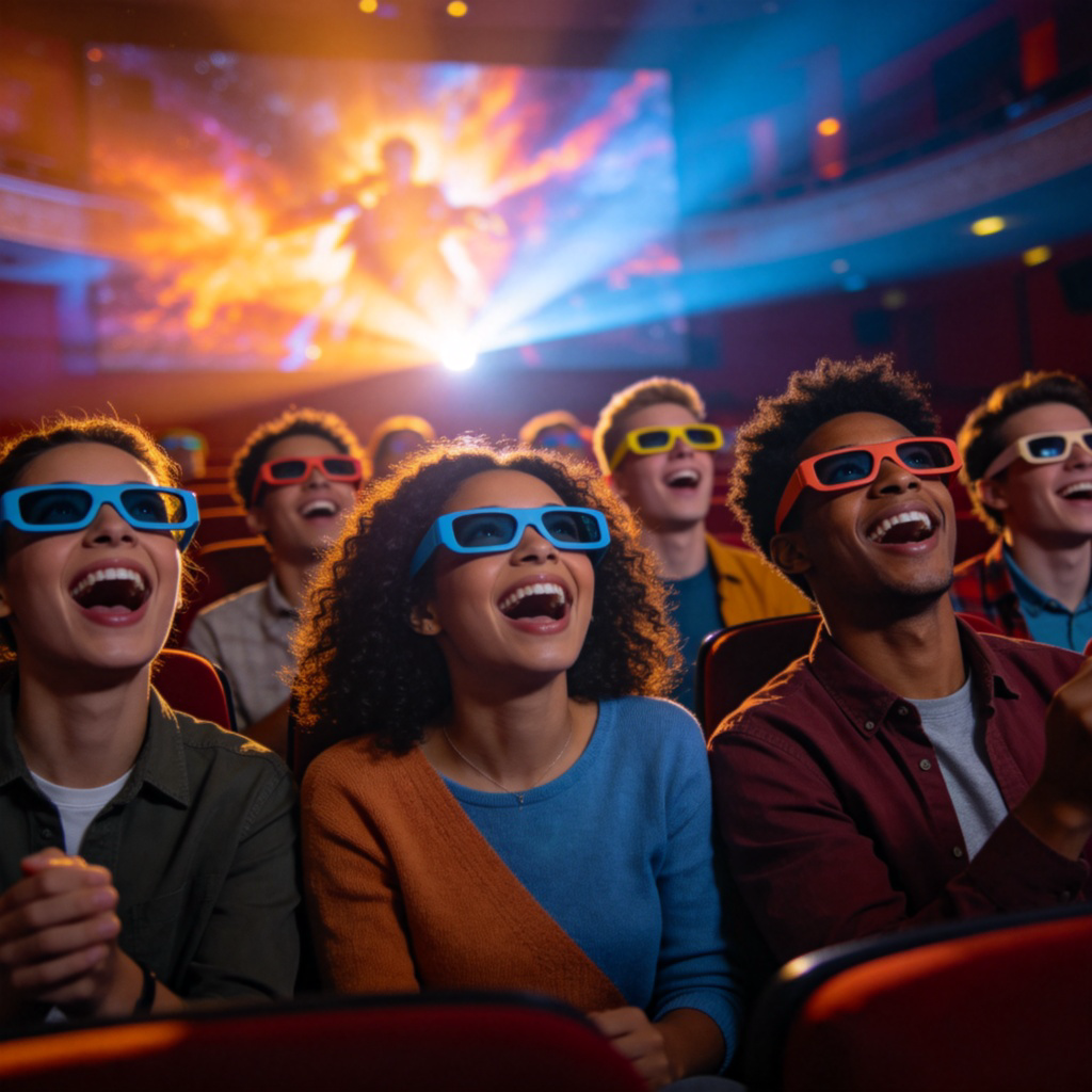 A group of happy, diverse friends sitting in a cinema, wearing 3D glasses, looking up at the screen with expressions of awe and excitement. The cinema screen is glowing with bright, colorful light from an epic movie scene. Focus on their joyful faces and the cinematic light. No text.