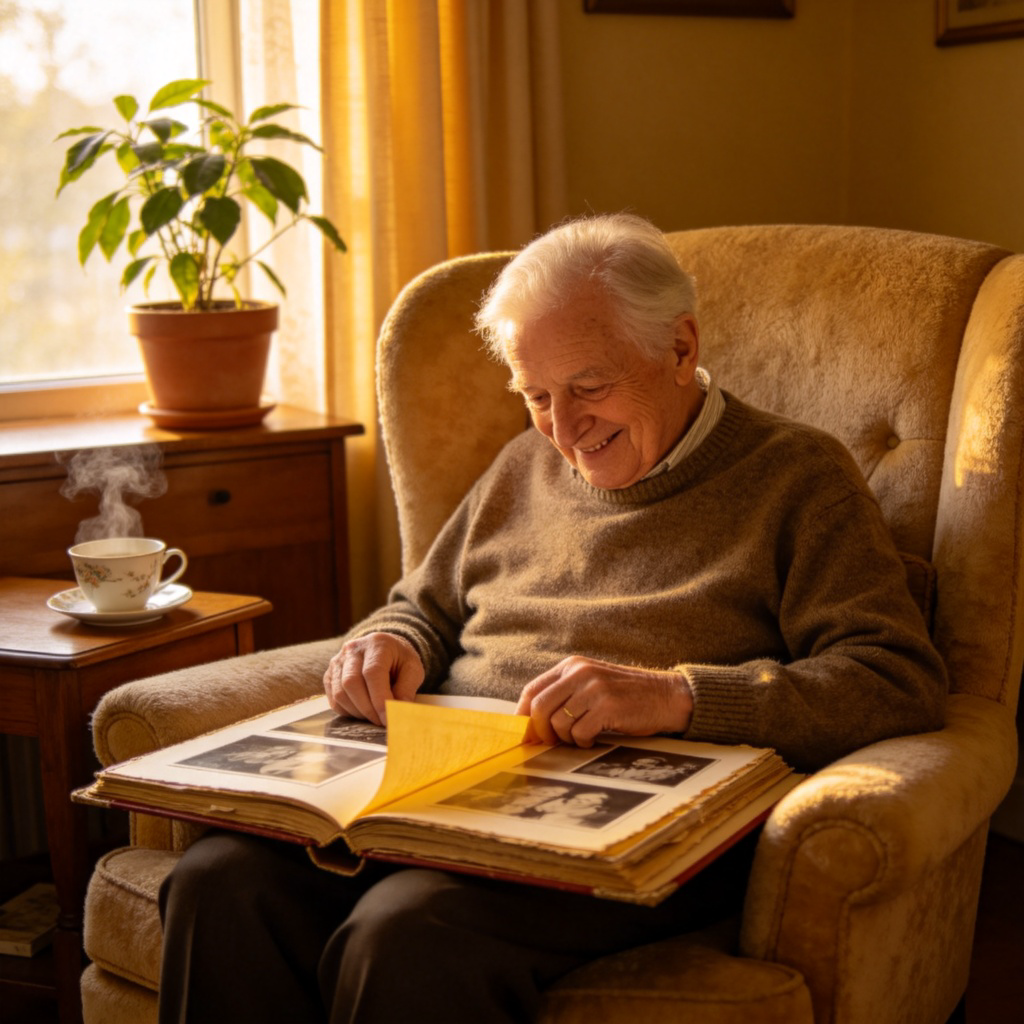 An elderly person sitting in a cozy armchair, smiling while looking at old photo albums. Warm, nostalgic lighting in a living room setting. The scene evokes a sense of sharing memories of repeated past events. No text.