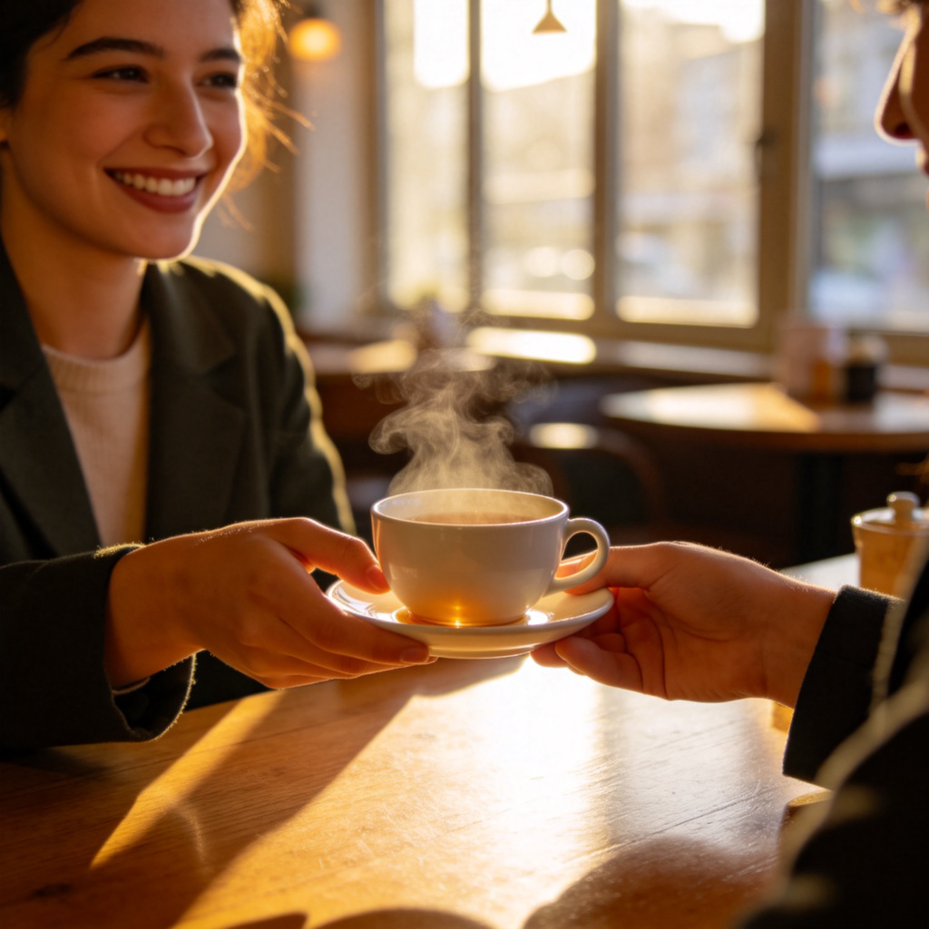 A person in a cafe, smiling and politely offering a cup of tea to another person across the table. The gesture is gentle and inviting. Soft daylight through a window. Focus on the interaction and the cup. No text.