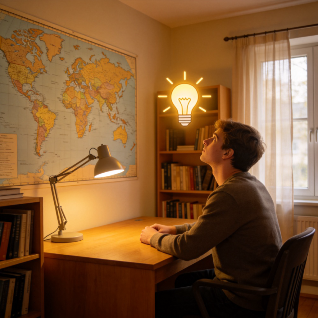 A thoughtful person looking at a world map on the wall, with a lightbulb icon glowing near their head to symbolize an idea. The scene is in a study room, representing thinking about a hypothetical future plan. No text.