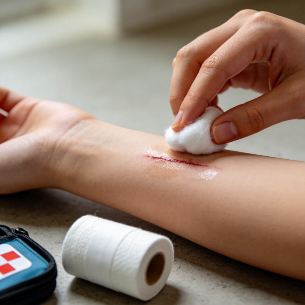 wound 伤口图解：手臂割伤清洁与包扎场景