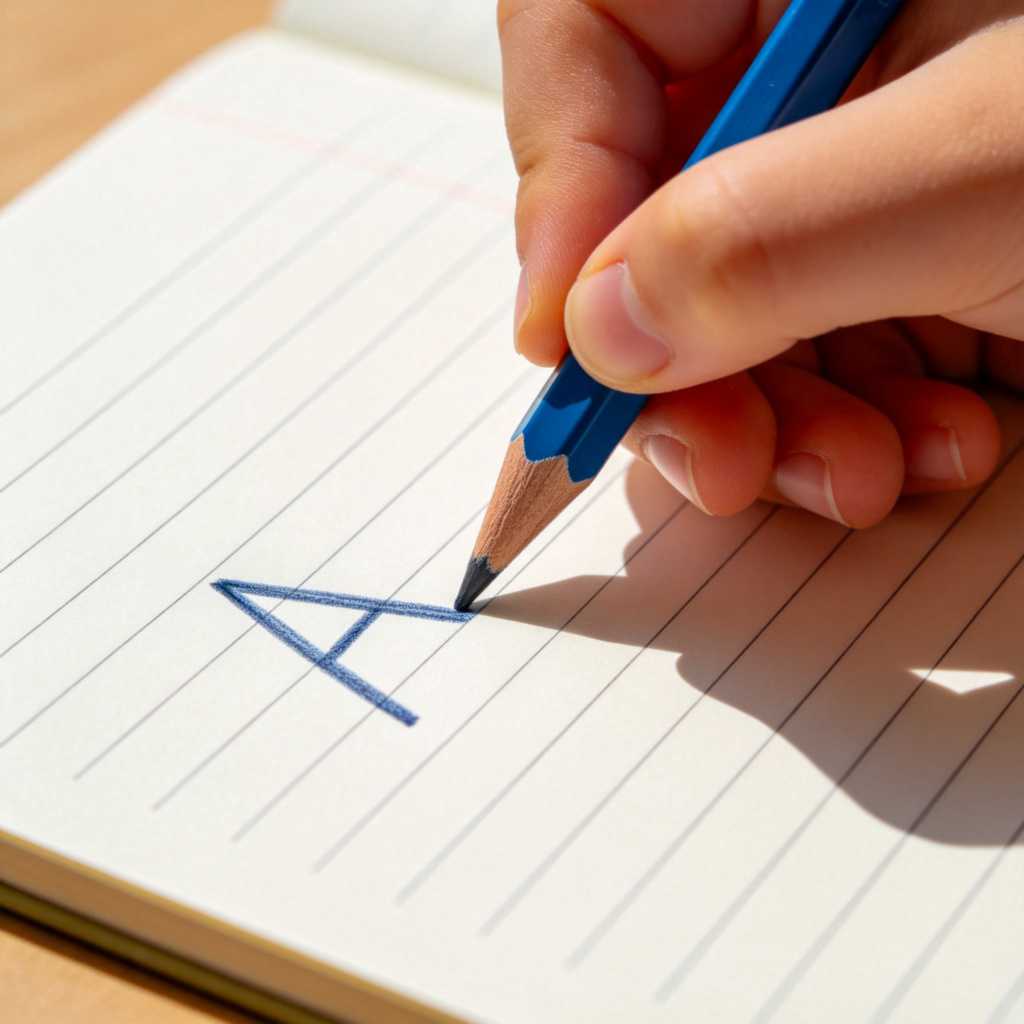 A child's hand holding a blue pencil, carefully writing the letter 'A' on a lined practice notebook. Close-up shot, focus on the pencil tip and the clear letter forming on paper. Soft daylight, clean background. No text or numbers.