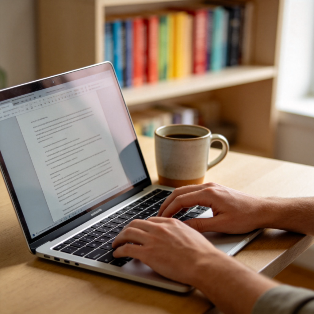 A person typing on a laptop keyboard, with a cup of coffee nearby. The laptop screen shows a document with text, suggesting a story or an article being composed. Setting is a cozy home office with bookshelf in soft-focus background. Natural lighting. No visible text on screen.