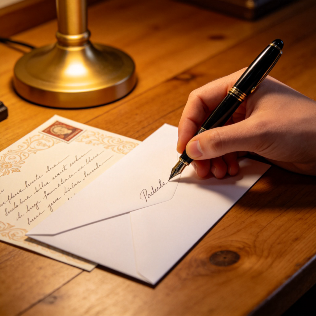 A person's hand is writing an address on a white envelope with a fountain pen. Next to the envelope lies a handwritten letter on decorative paper and a postage stamp. Warm table lamp lighting, wooden desk surface. Focus on the action of writing the address. No text.