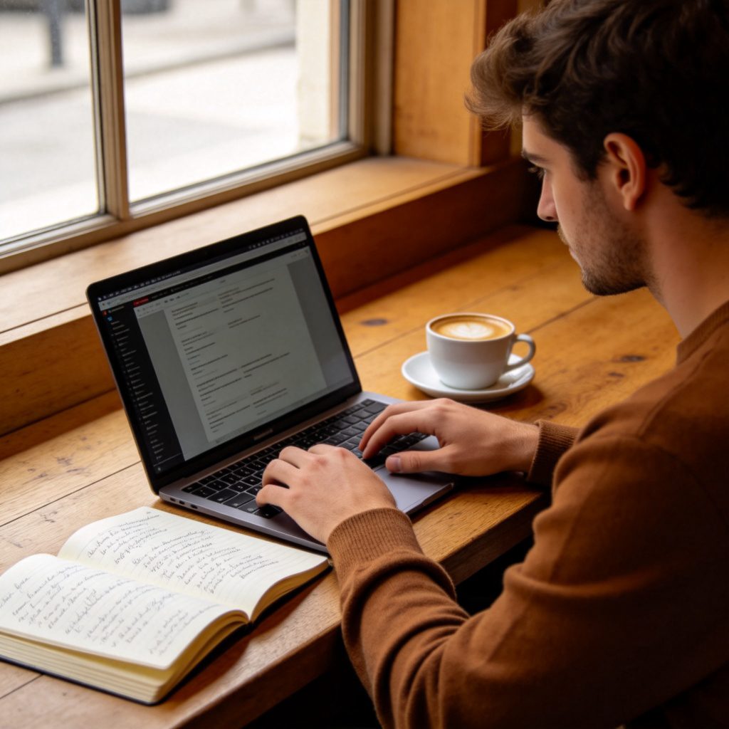 A person sits at a wooden desk in a cozy cafe, typing on a laptop. A cup of coffee and an open notebook with handwritten notes are beside the laptop. The person has a thoughtful expression, looking at the screen. Natural daylight from a window. No text.
