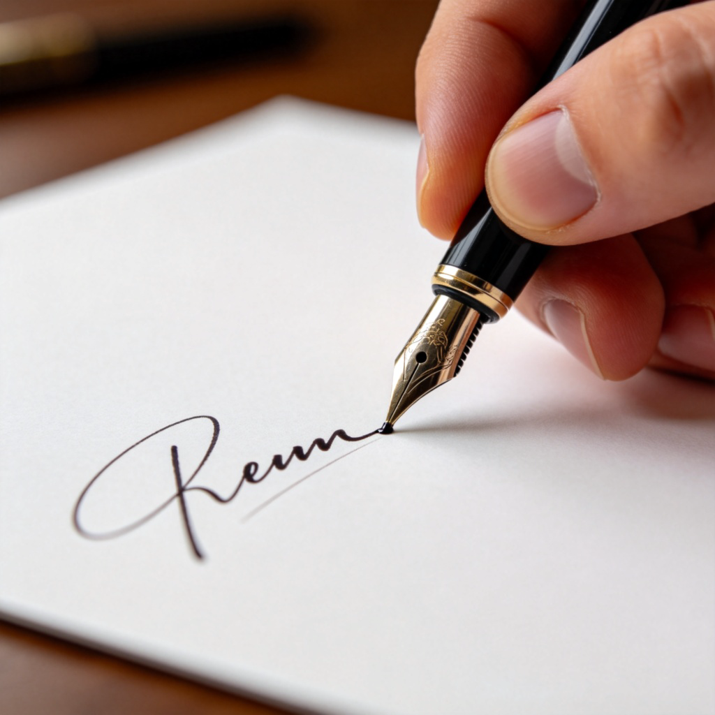 A close-up shot of a person's hand holding a classic fountain pen, writing a signature on a blank sheet of high-quality white paper. The focus is on the pen tip and the fresh, wet ink of the signature. Simple background. No text.