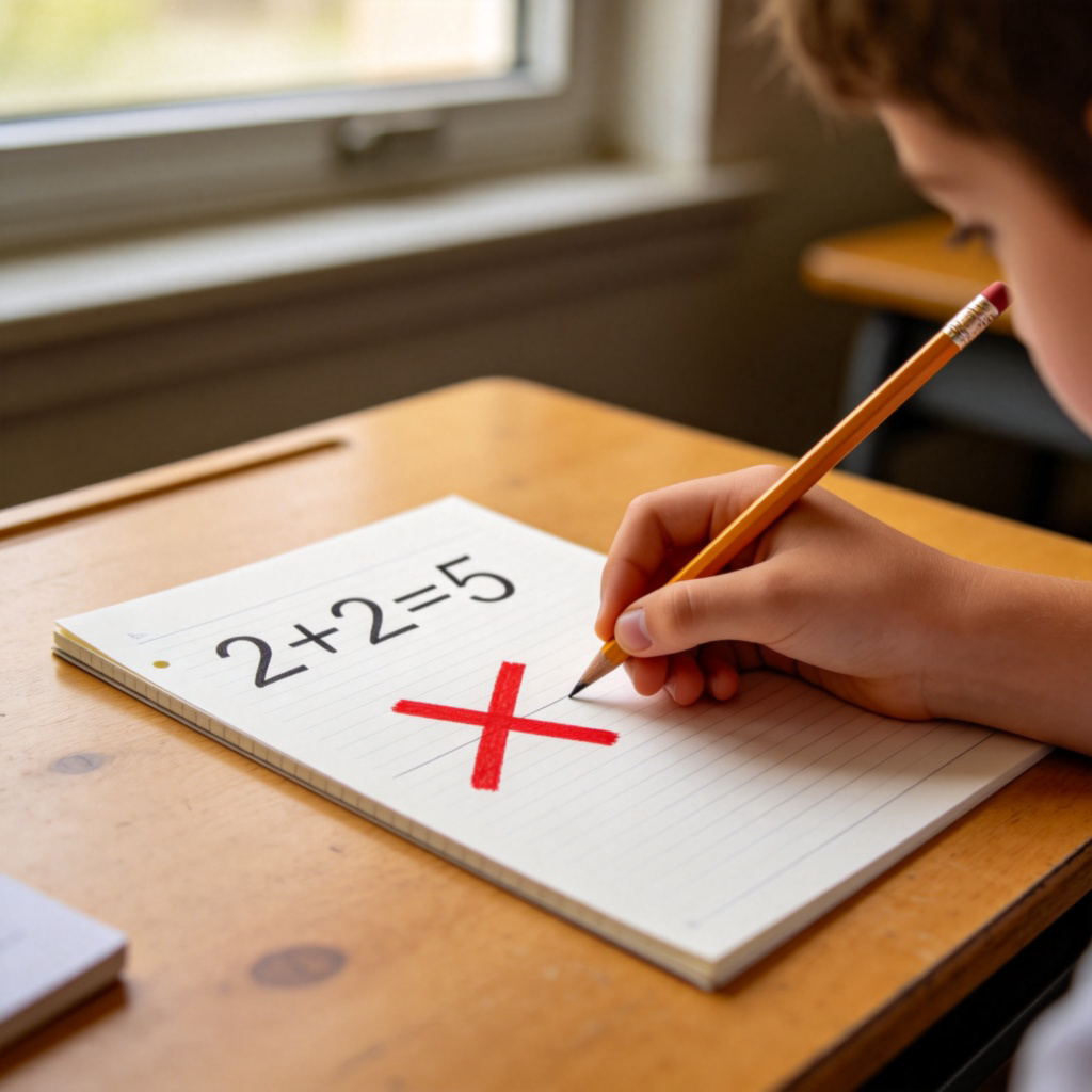 A student's hand holds a pencil over a math exercise book. A big red cross is clearly marked next to a simple sum like '2+2=5'. The paper is on a wooden desk. Daylight from a window. No text except the numbers in the sum.