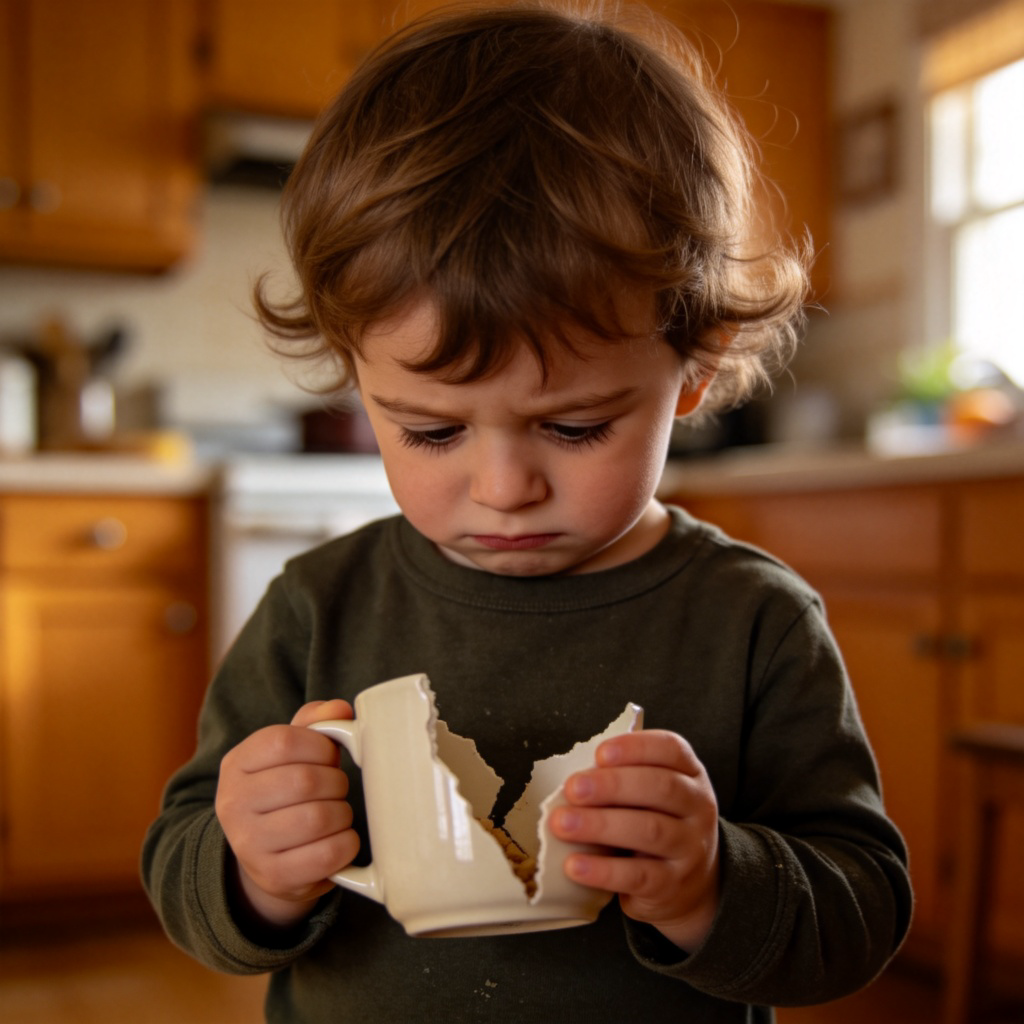 A young child looks down with a guilty expression, holding a broken piece of a ceramic mug in their small hands. They are standing in a cozy kitchen. The focus is on the child's conflicted face and the broken object. Warm, soft indoor lighting.