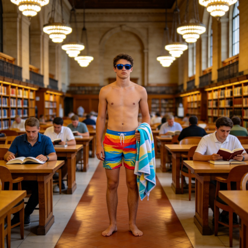 A person wearing colorful swimming trunks, sunglasses, and holding a beach towel, standing awkwardly in the middle of a quiet, formal library. Other people in the background are reading books and wearing normal clothes. Sharp contrast between the beachwear and the library setting.